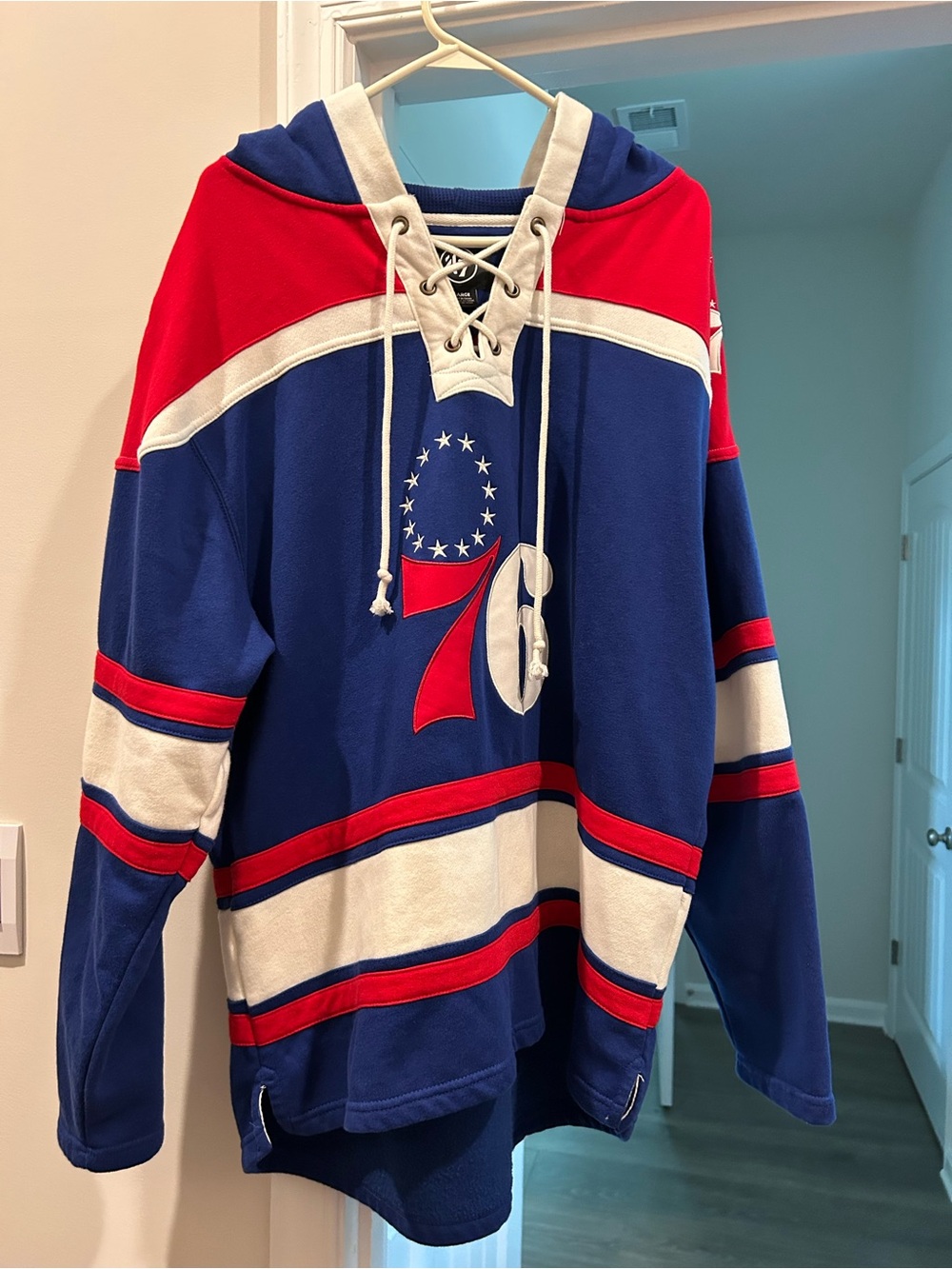 47 Brand Blue, Red & Cream Lace-Up Crewneck Sweater